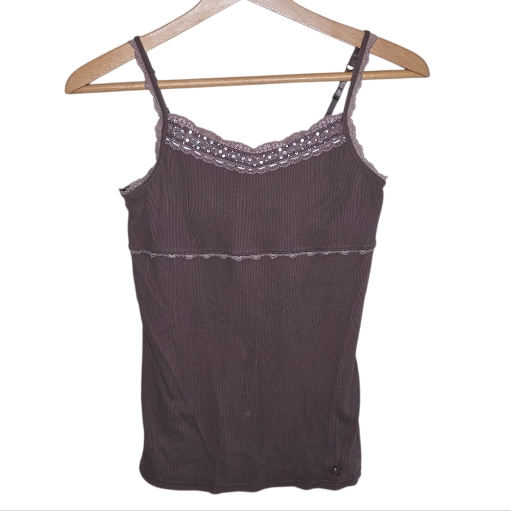 Y2K Limited Too Brown Ribbed Shelf Bra Cami Tank Top with Bling Girls Size 14